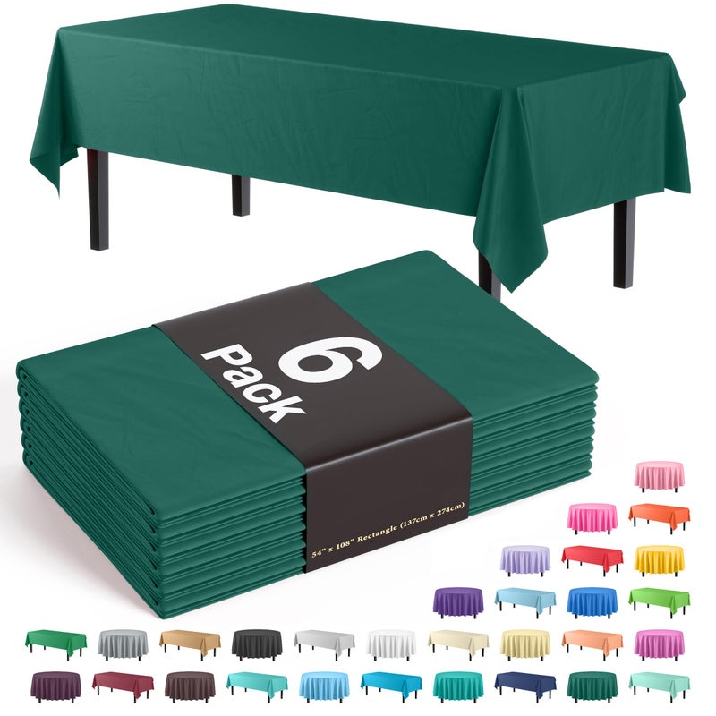 Party Solids 6-Pack Premium Plastic Tablecloth 54in. x 108in. Rectangle Plastic Table Cover - Dark Green - Image 1